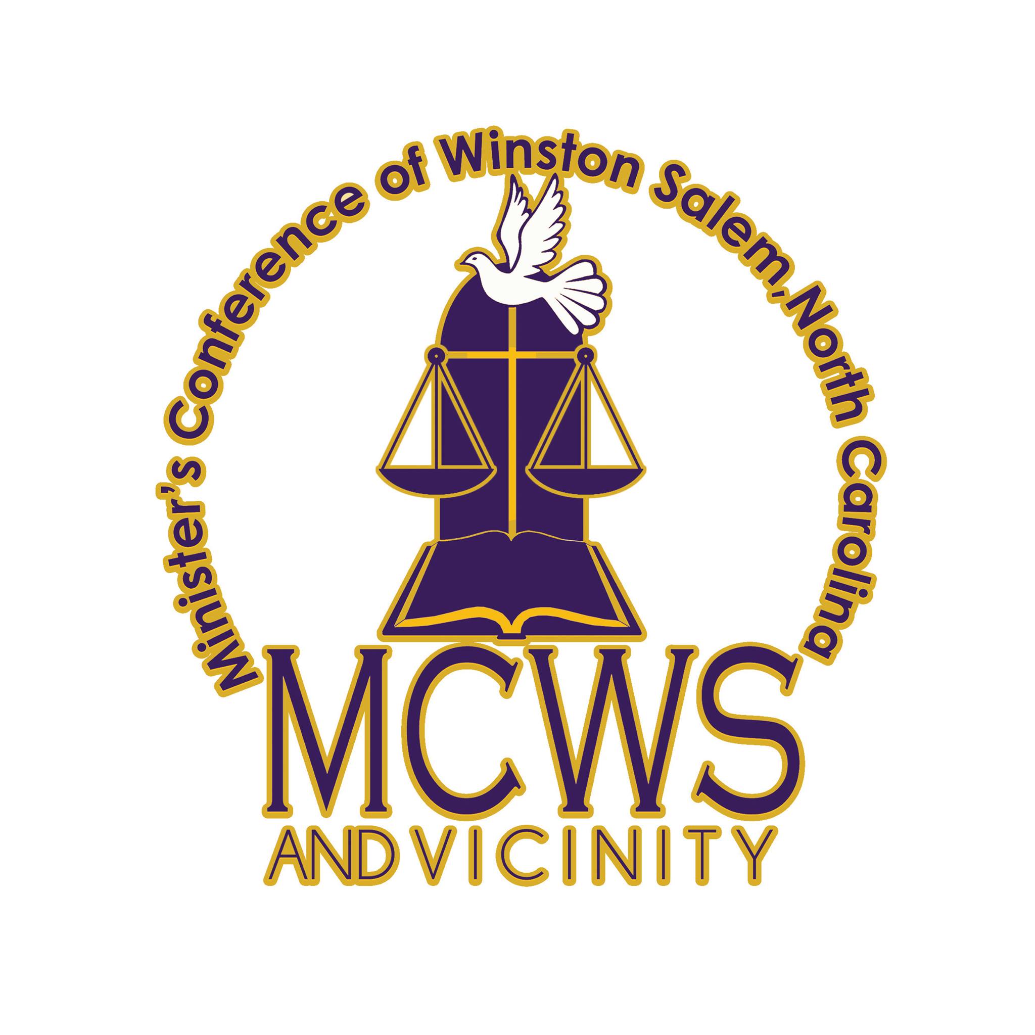 The logo of the Ministers' Conference of Winston-Salem, NC. Text in a semi-circle around an image of a dove atop scales over an open book. At the bottom it reads "MCWS And Vicinity". The image is on a white background with purple text and yellow outlines.