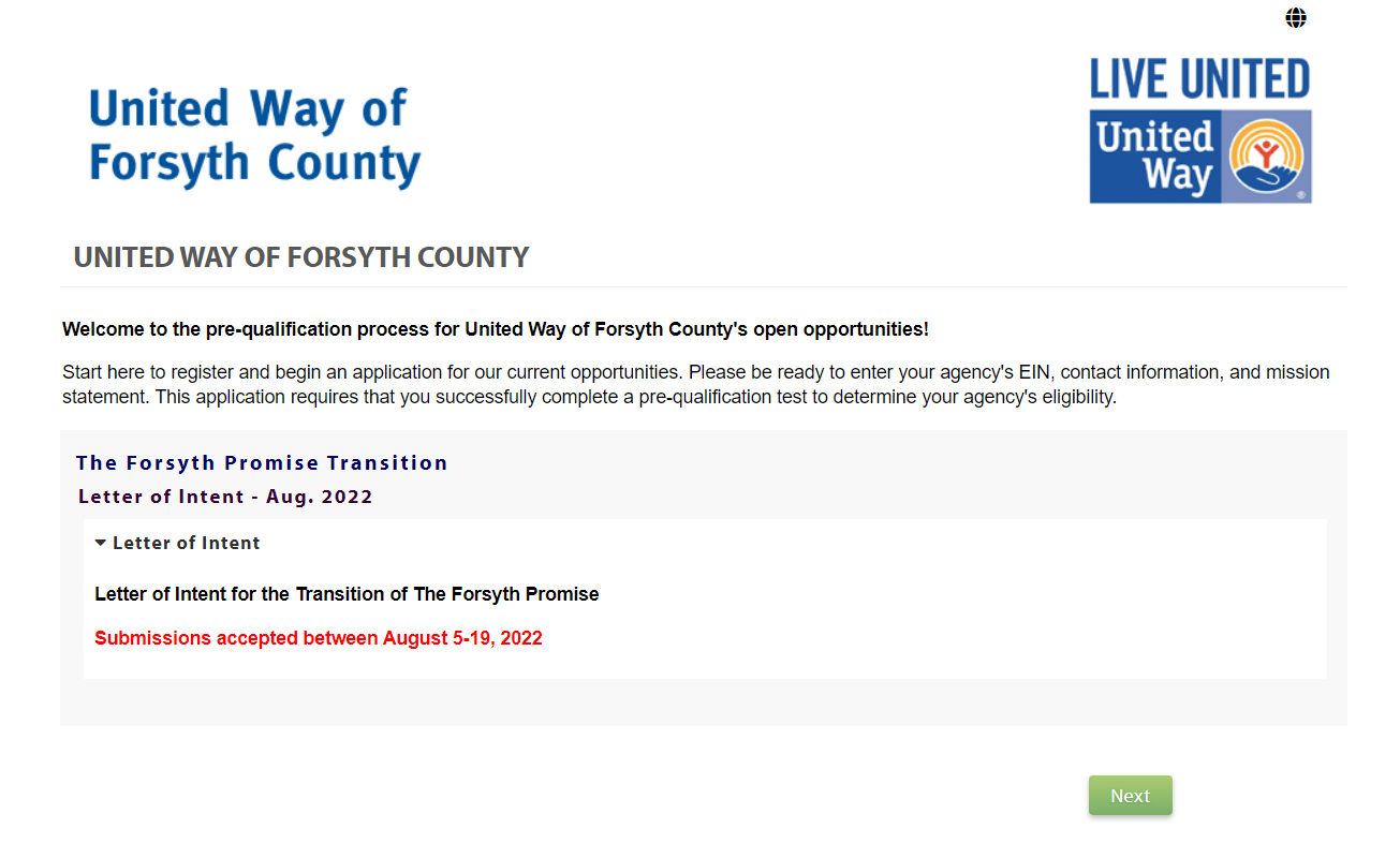 screenshot of United Way application portal